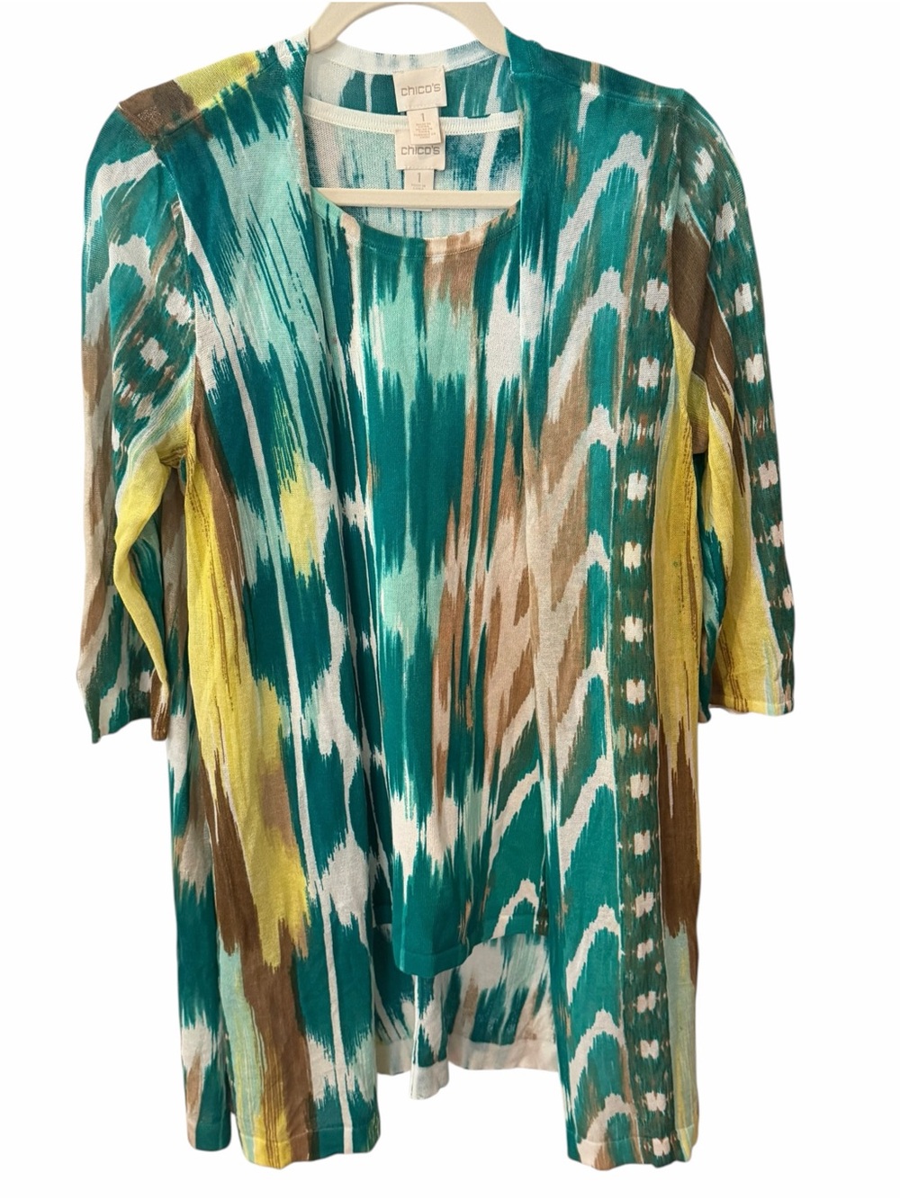 Chico’s Size 1 Medium Ikat Cardigan Tank Top 2 Piece Set Teal Cotton Blend